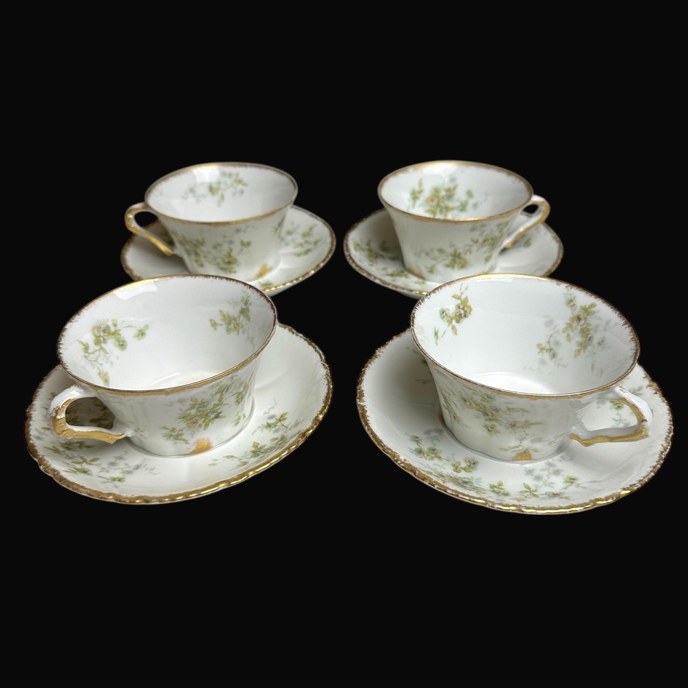 Theodore Haviland Limoges France Green Floral Gold Gilt Teacup Saucer Set of‎ 4